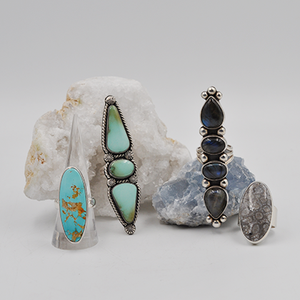Shop a wide variety of rings here ranging from simple sterling silver stacking rings to multi-stone turquoise and semiprecious statement rings. 