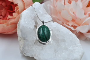 Oval Malachite and Sterling Silver Necklace