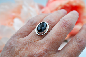 Oval Snowflake Obsidian and Silver Ring • US Size 6.5