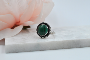 Round Malachite and Sterling Silver Antiqued Ring • US Size 6.5, US Size 7.5