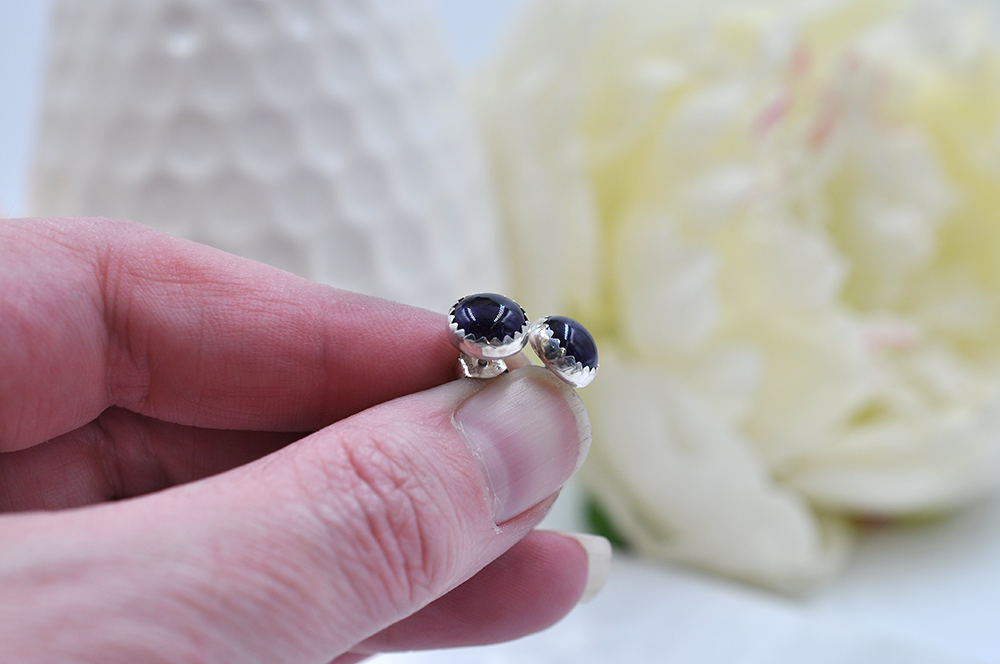 Large Round Amethyst and Silver Post Earrings