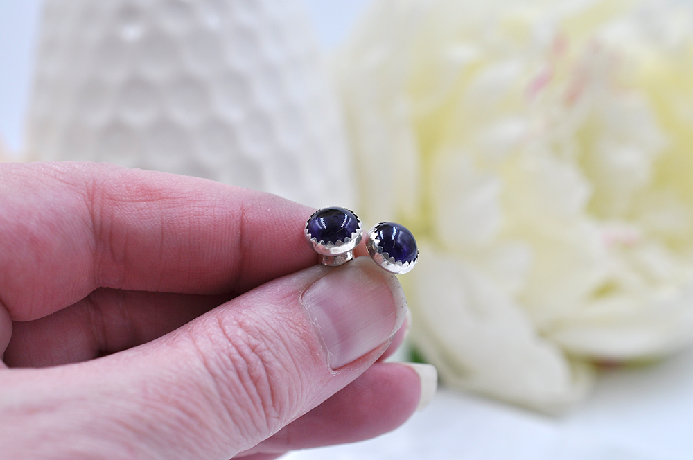 Large Round Amethyst and Silver Post Earrings