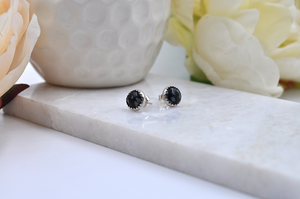 Round Snowflake Obsidian and Sterling Silver Bubble Earrings