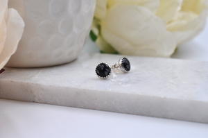 Round Snowflake Obsidian and Sterling Silver Bubble Earrings