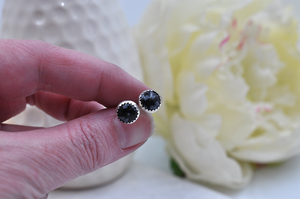 Round Snowflake Obsidian and Sterling Silver Bubble Earrings