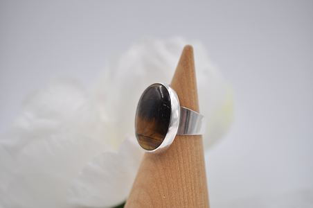 Silver ring with a dark brown tiger's eye stone showing the tapered ring band on a wooden stand against a white background