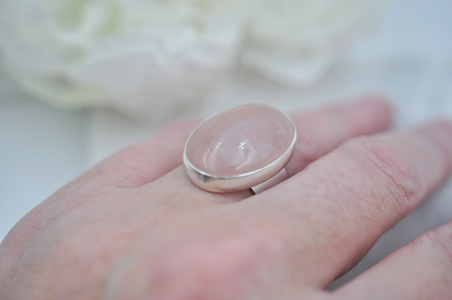Close-up of a hand wearing a pink and silver ring with a blurred floral background