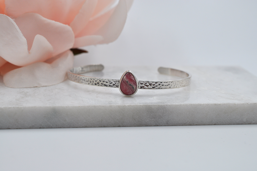 Teardrop Rhodochrosite Sterling Silver Cuff Bracelet Tranquil