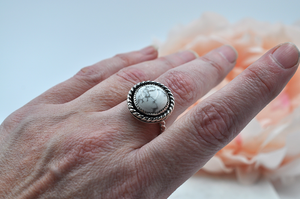 Round Howlite and Sterling Silver Antiqued Ring • US Size 7.5, US Size 8.5