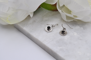 Round Sterling Silver and Black Onyx Dangle Earrings