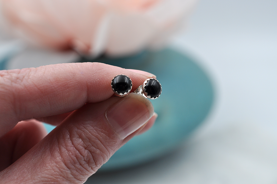 Black Onyx Bubble Post Earrings in Sterling Silver
