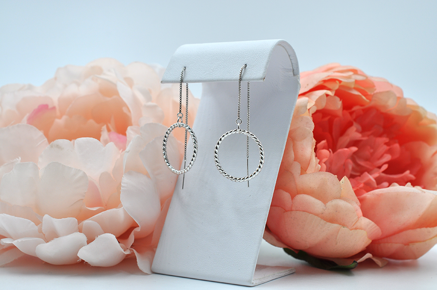 Twisted Rope Drop Circle Ear Threader Earrings in Sterling Silver