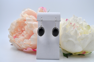 Oval Black Onyx and Sterling Silver Dangle Earrings