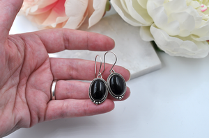 Oval Black Onyx and Sterling Silver Dangle Earrings