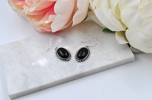 Oval Black Onyx and Sterling Silver Dangle Earrings