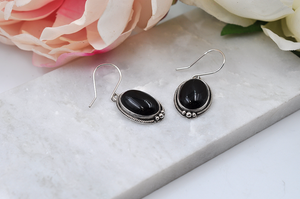 Oval Black Onyx and Sterling Silver Dangle Earrings