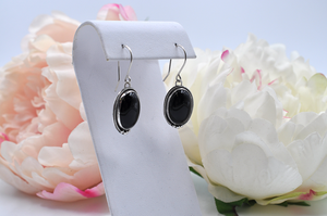 Oval Black Onyx and Sterling Silver Dangle Earrings