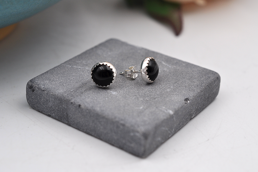 Large Round Black Onyx Sterling Silver Earrings