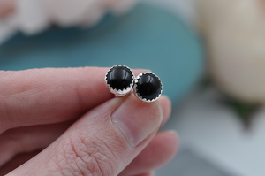 Large Round Black Onyx Sterling Silver Earrings