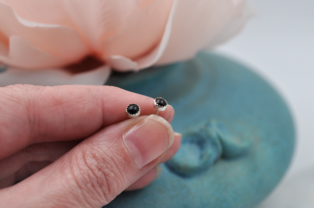 Black Onyx Dot Sterling Silver Stud Earrings