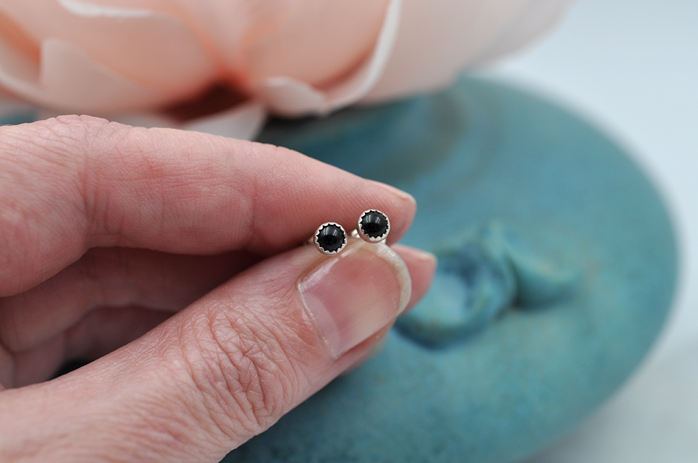Black Onyx Dot Sterling Silver Stud Earrings