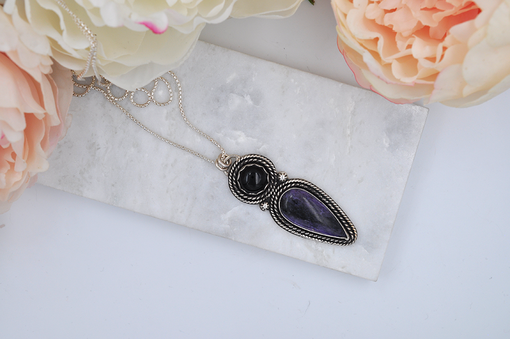Charoite and Black Onyx Sterling Silver Statement Necklace