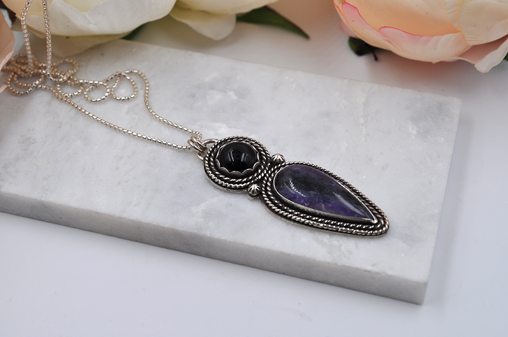 Charoite and Black Onyx Sterling Silver Statement Necklace