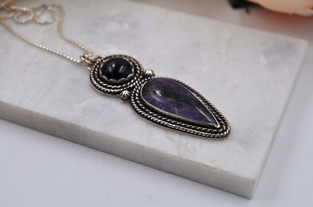 Charoite and Black Onyx Sterling Silver Statement Necklace
