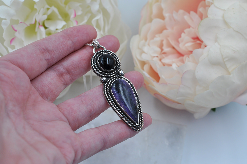 Charoite and Black Onyx Sterling Silver Statement Necklace