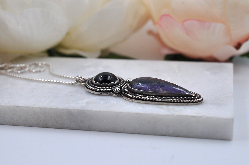 Charoite and Black Onyx Sterling Silver Statement Necklace