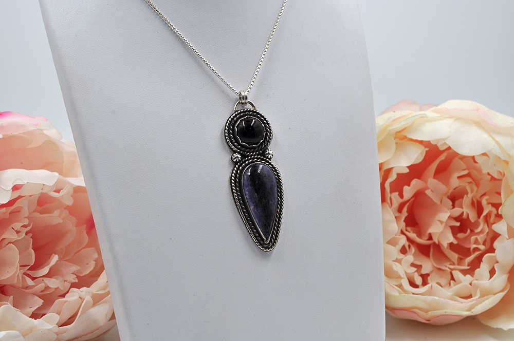 Charoite and Black Onyx Sterling Silver Statement Necklace