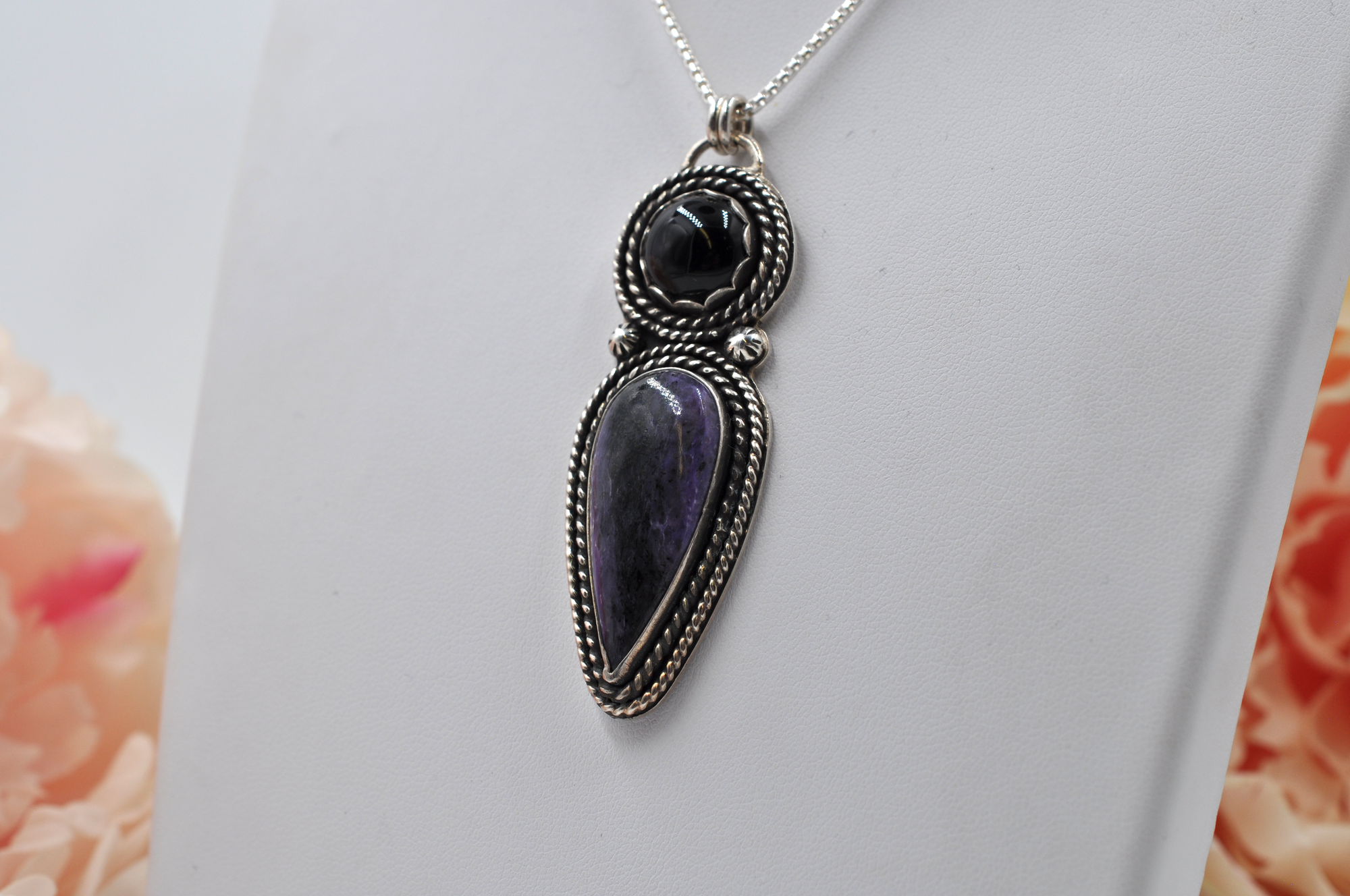 Charoite and Black Onyx Sterling Silver Statement Necklace