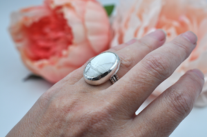 Large White and Gray Howlite Statement Ring in Sterling Silver with Decorative Band • US Size 6