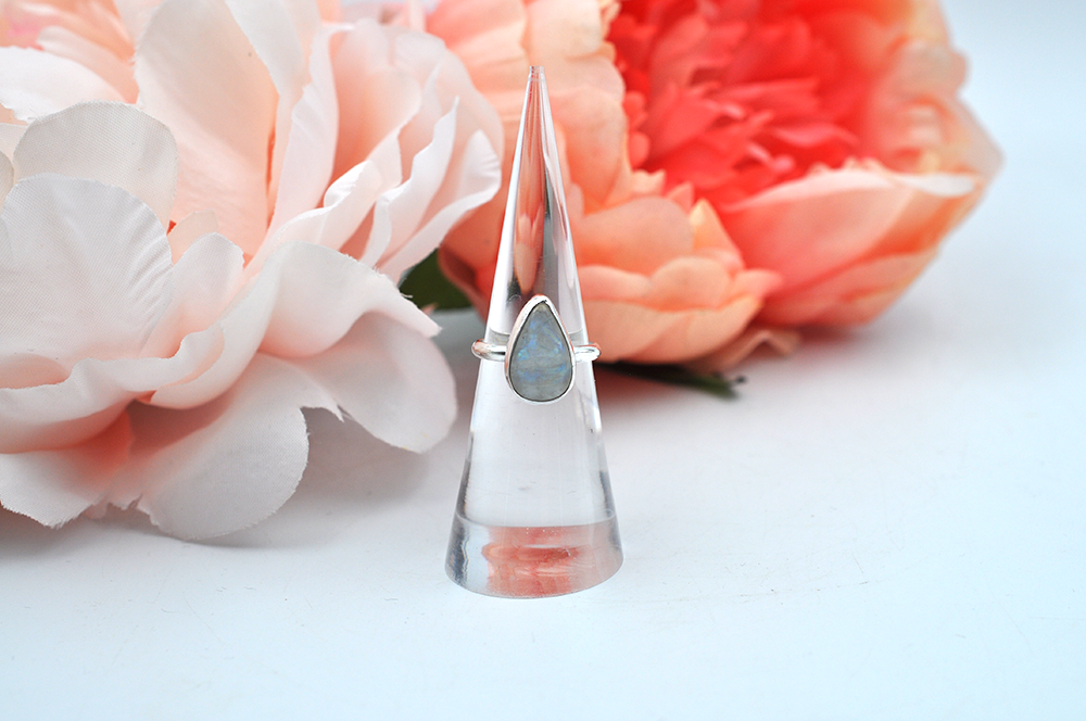Teardrop Rainbow Moonstone Sterling Silver Ring
