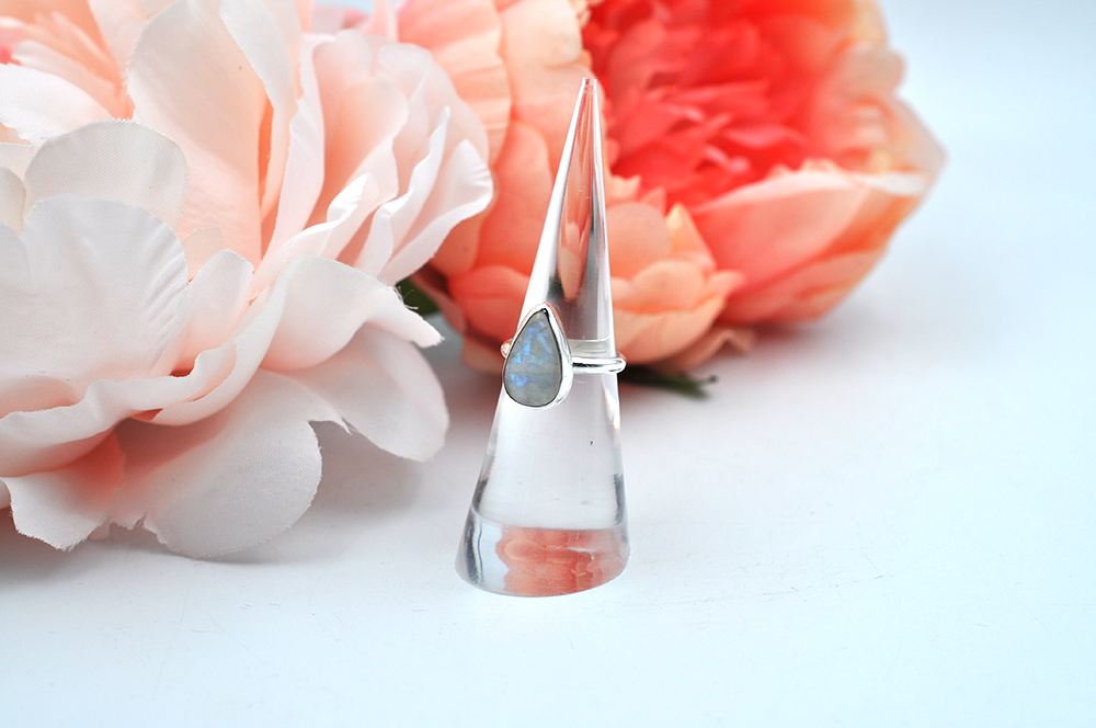 Teardrop Rainbow Moonstone Sterling Silver Ring