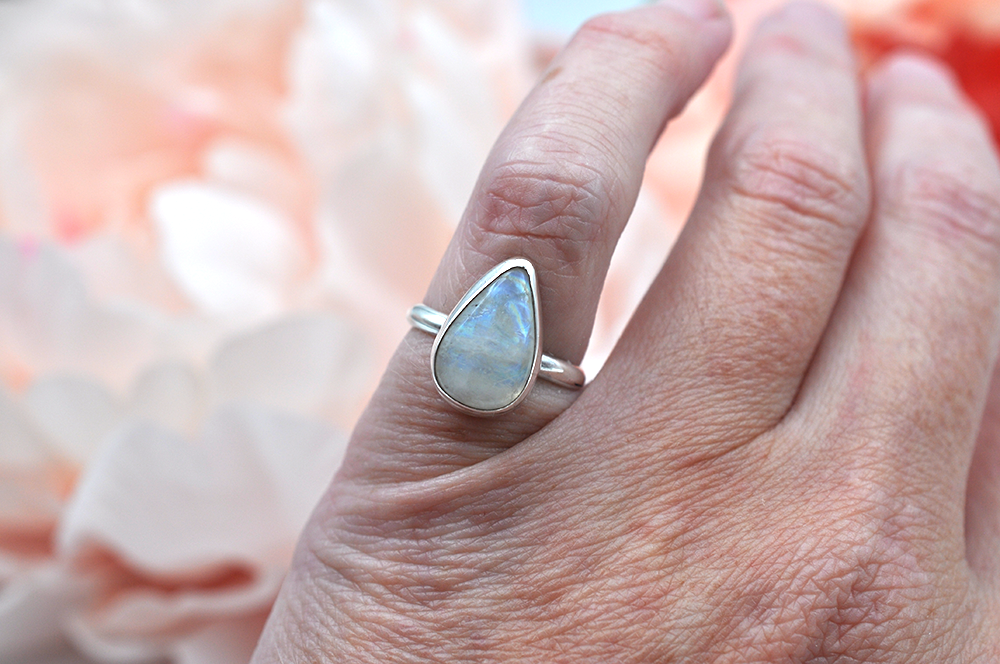 Teardrop Rainbow Moonstone Sterling Silver Ring
