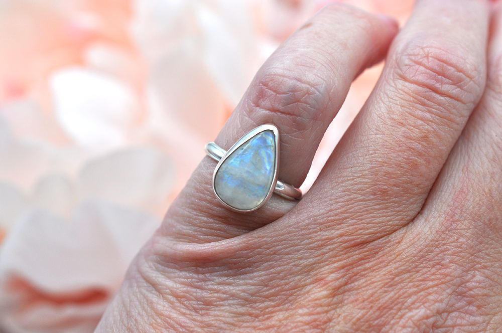 Teardrop Rainbow Moonstone Sterling Silver Ring