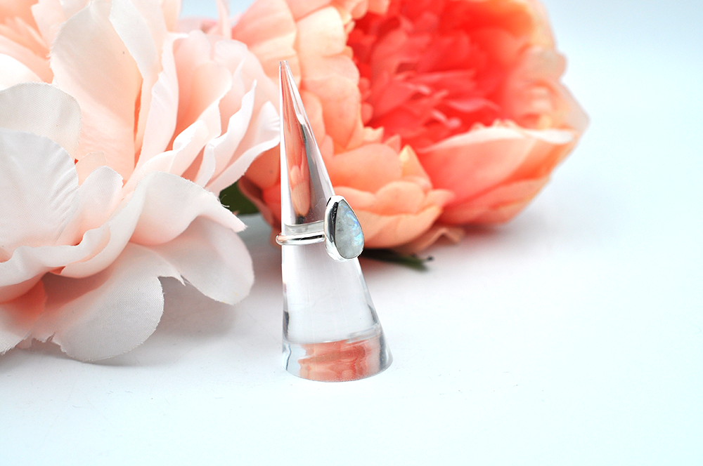 Teardrop Rainbow Moonstone Sterling Silver Ring