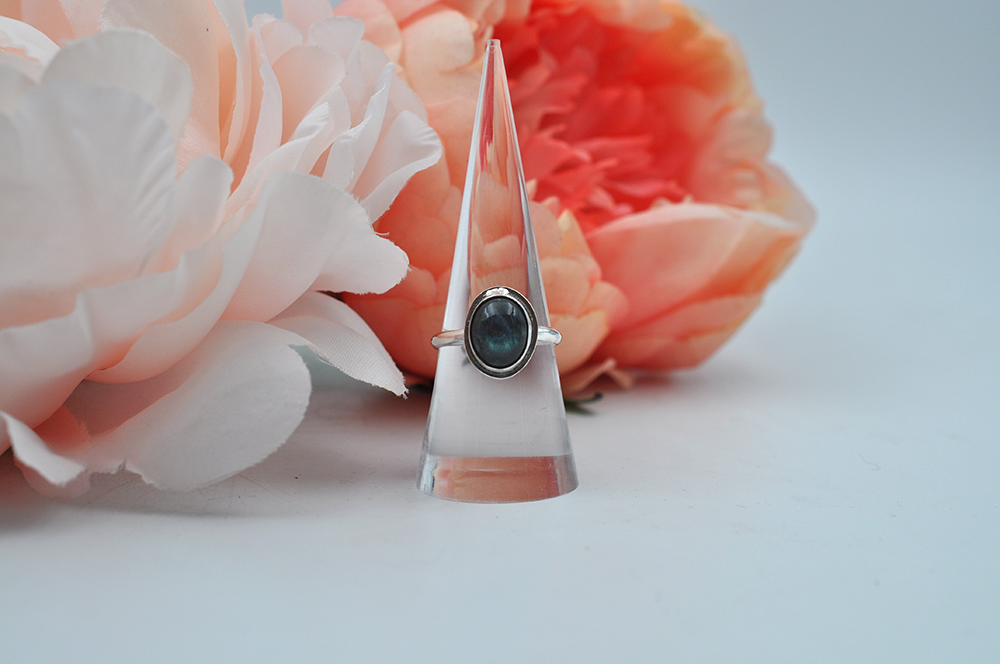 Simple Oval Colorful Labradorite Sterling Silver Ring