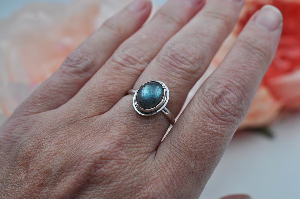 Simple Oval Colorful Labradorite Sterling Silver Ring
