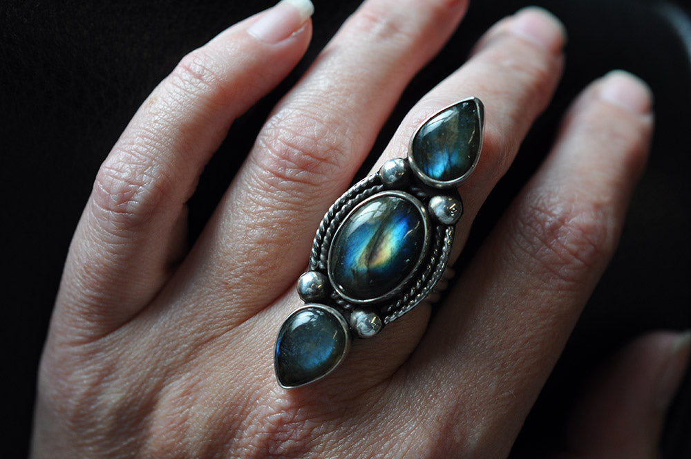 Three Stone Bright Flashy Labradorite Statement Ring in Sterling Silver