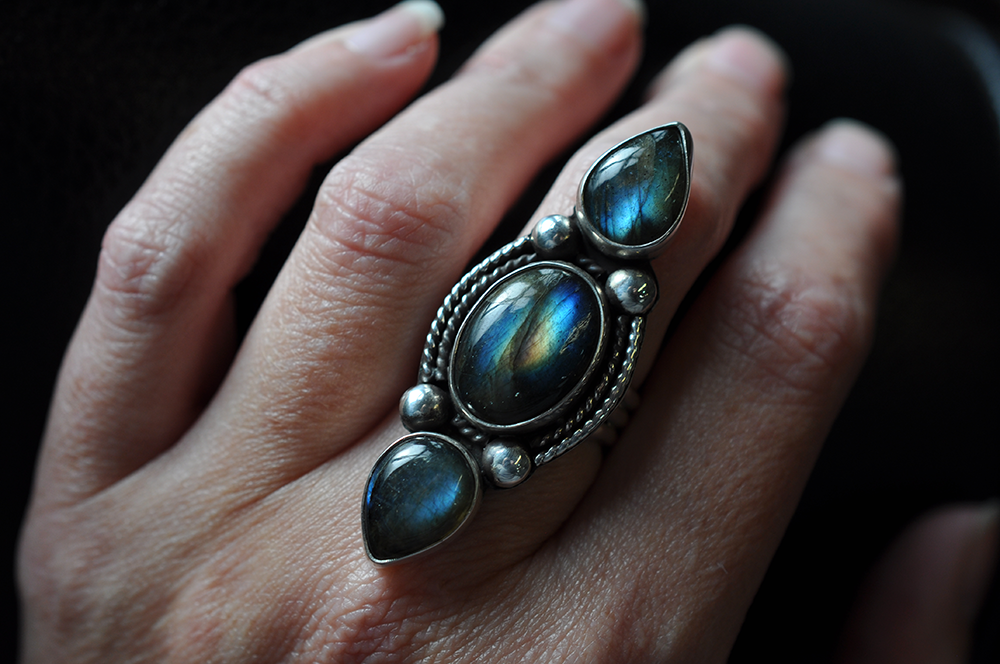Three Stone Bright Flashy Labradorite Statement Ring in Sterling Silver