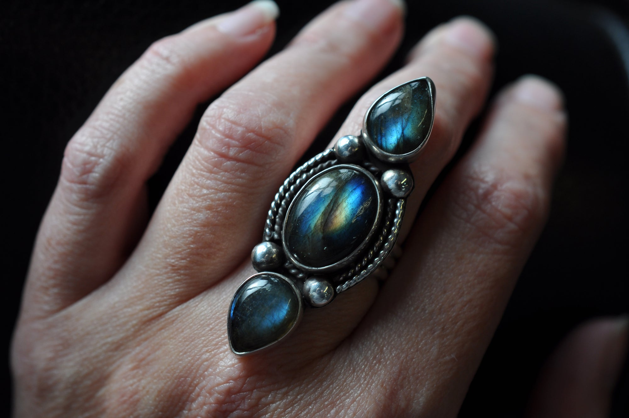 Three Stone Bright Flashy Labradorite Statement Ring in Sterling Silver