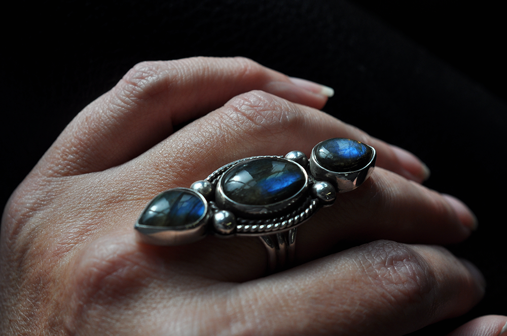 Three Stone Bright Flashy Labradorite Statement Ring in Sterling Silver