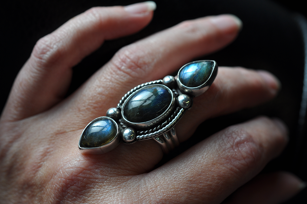 Three Stone Bright Flashy Labradorite Statement Ring in Sterling Silver
