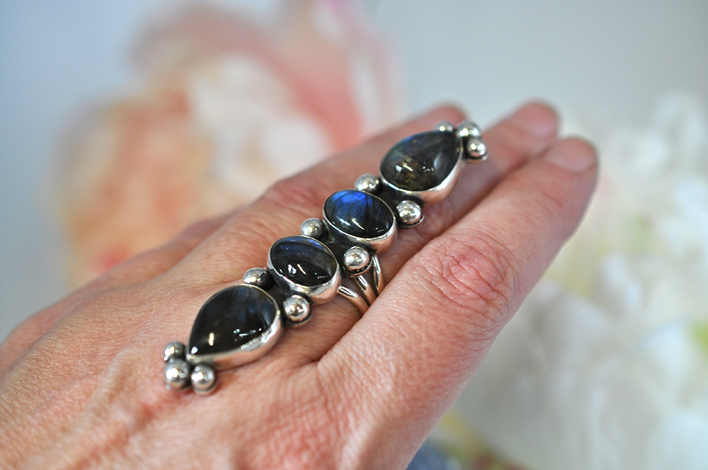 Four Stone Labradorite Statement Ring in Sterling Silver • US Size 7.25