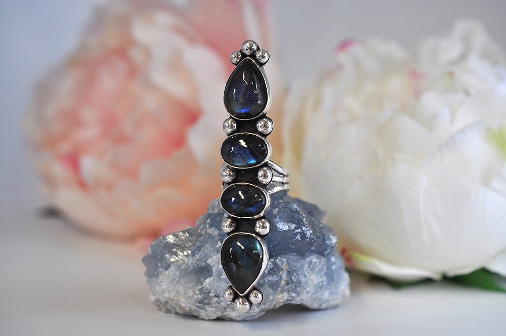 Four Stone Labradorite Statement Ring in Sterling Silver • US Size 7.25