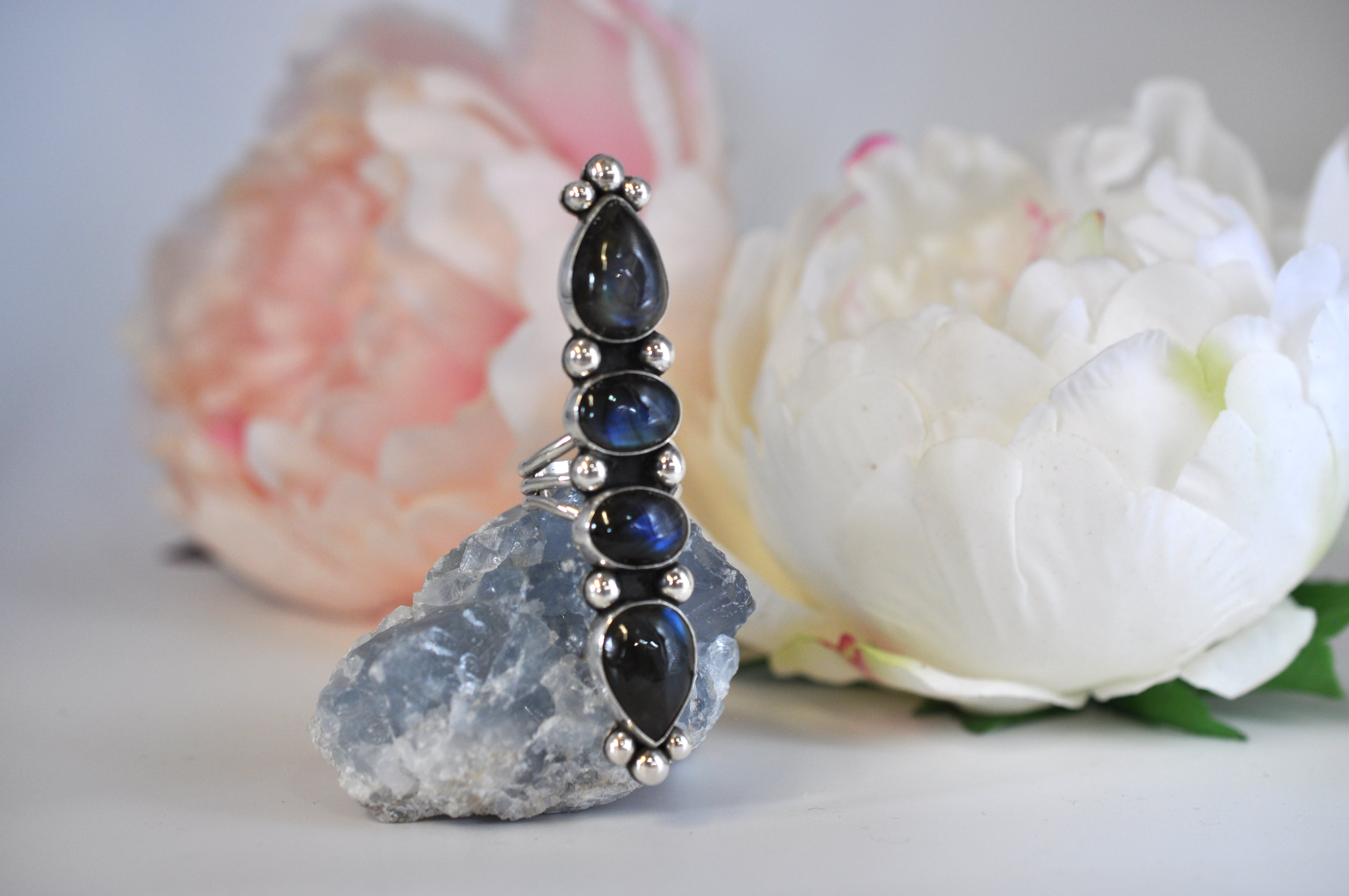 Four Stone Labradorite Statement Ring in Sterling Silver • US Size 7.25