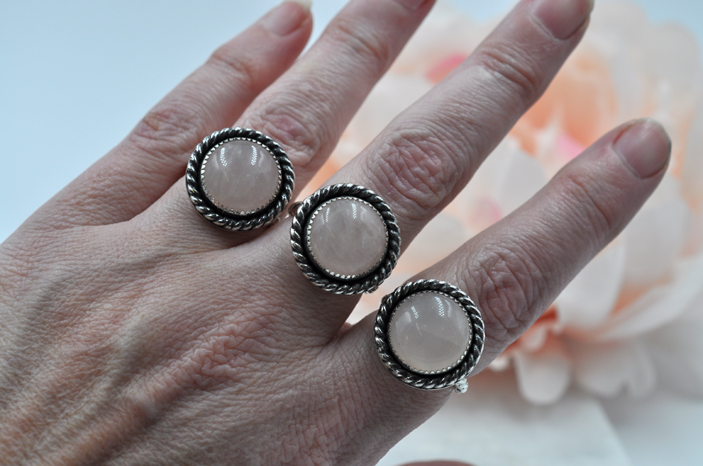 Round Rose Quartz and Sterling Silver Antiqued Ring • US Size 7.5, US Size 8