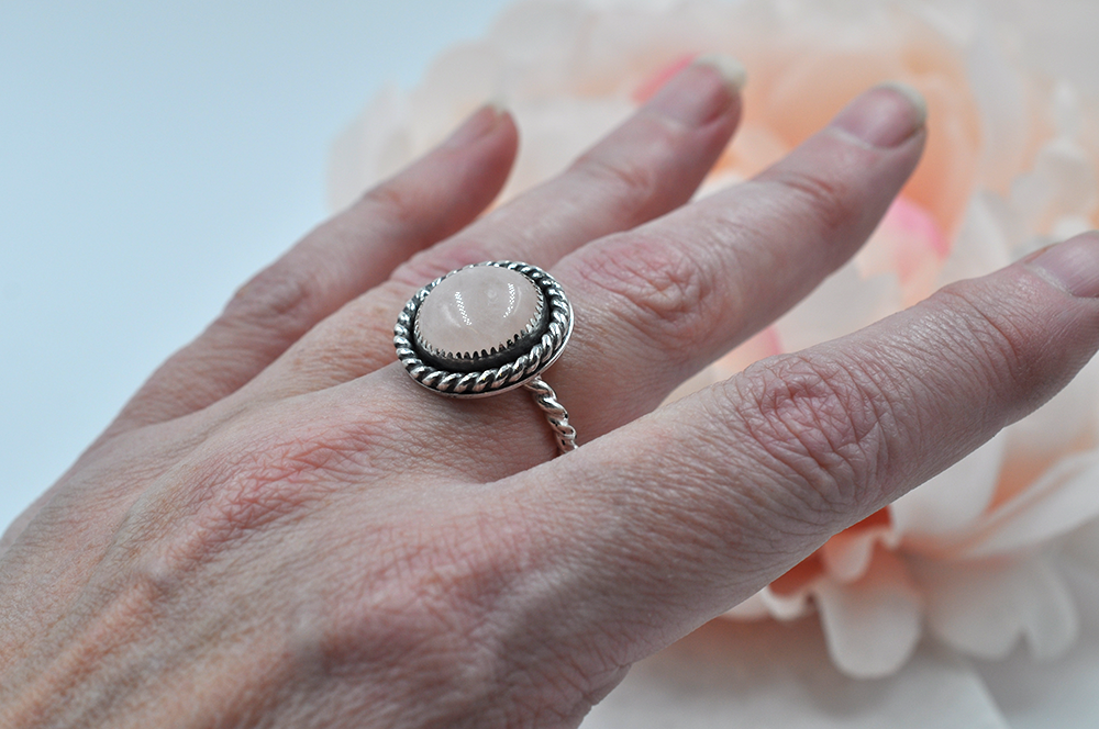 Round Rose Quartz and Sterling Silver Antiqued Ring • US Size 7.5, US Size 8